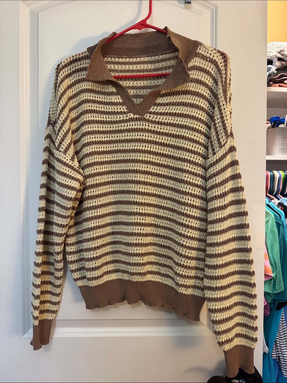SHEIN Cream and Brown Striped V‑Neck Knit Pullover